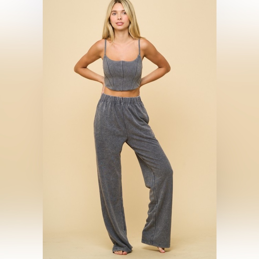 #138 Charcoal washed top with wide leg pants Set